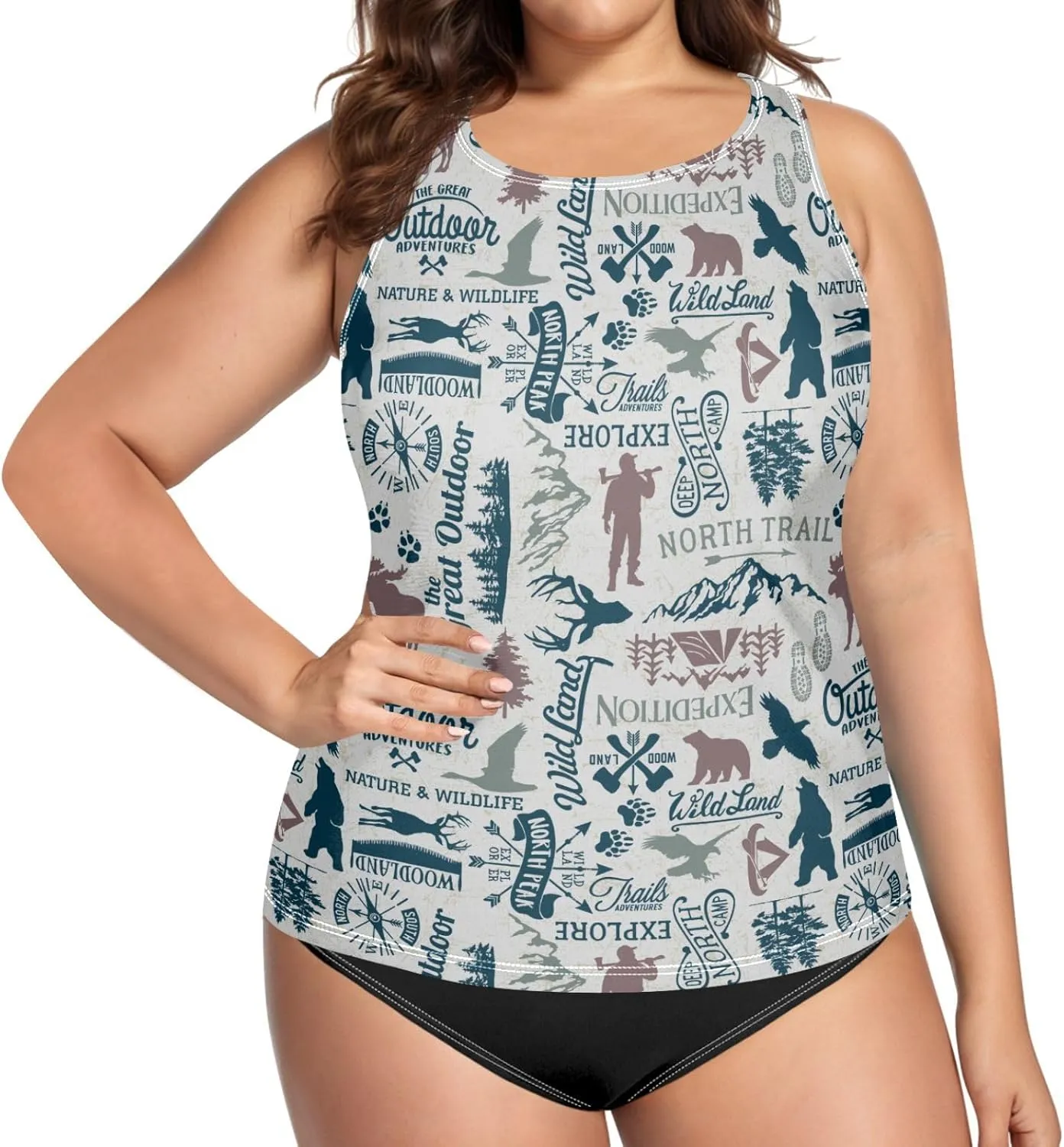 Tankini Swimsuits for Women Mountain Bear Eagle Elk Camping Theme Womens Bathing Suit Tops Padded Tummy Control Swim Tank Top