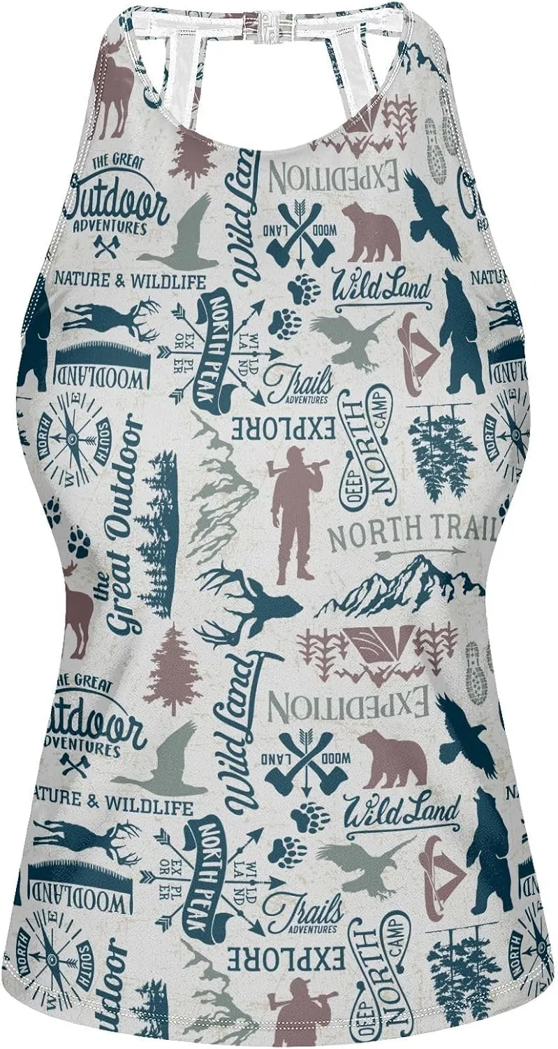 Tankini Swimsuits for Women Mountain Bear Eagle Elk Camping Theme Womens Bathing Suit Tops Padded Tummy Control Swim Tank Top