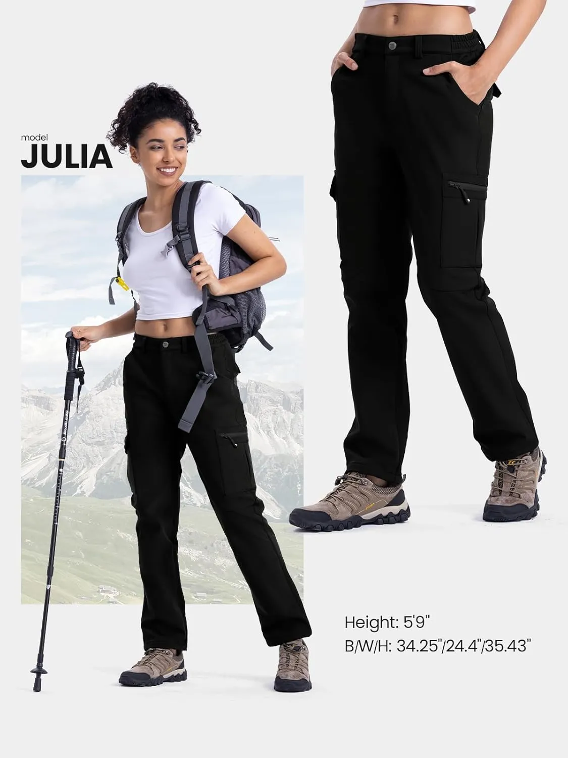 TBMPOY Women's Hiking Cargo Pants Outdoor Waterproof Windproof Softshell Fleece Snow Pants