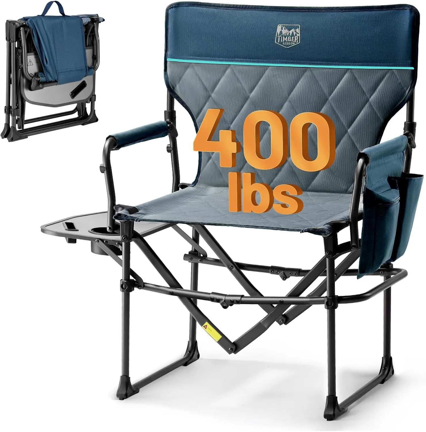 TIMBER RIDGE Heavy Duty Camping Chair with Compact Size, Portable Directors Chair with Side Table and Pocket for Camping, Lawn, Sports and Fishing, Supports Up to 400lbs, Navy
