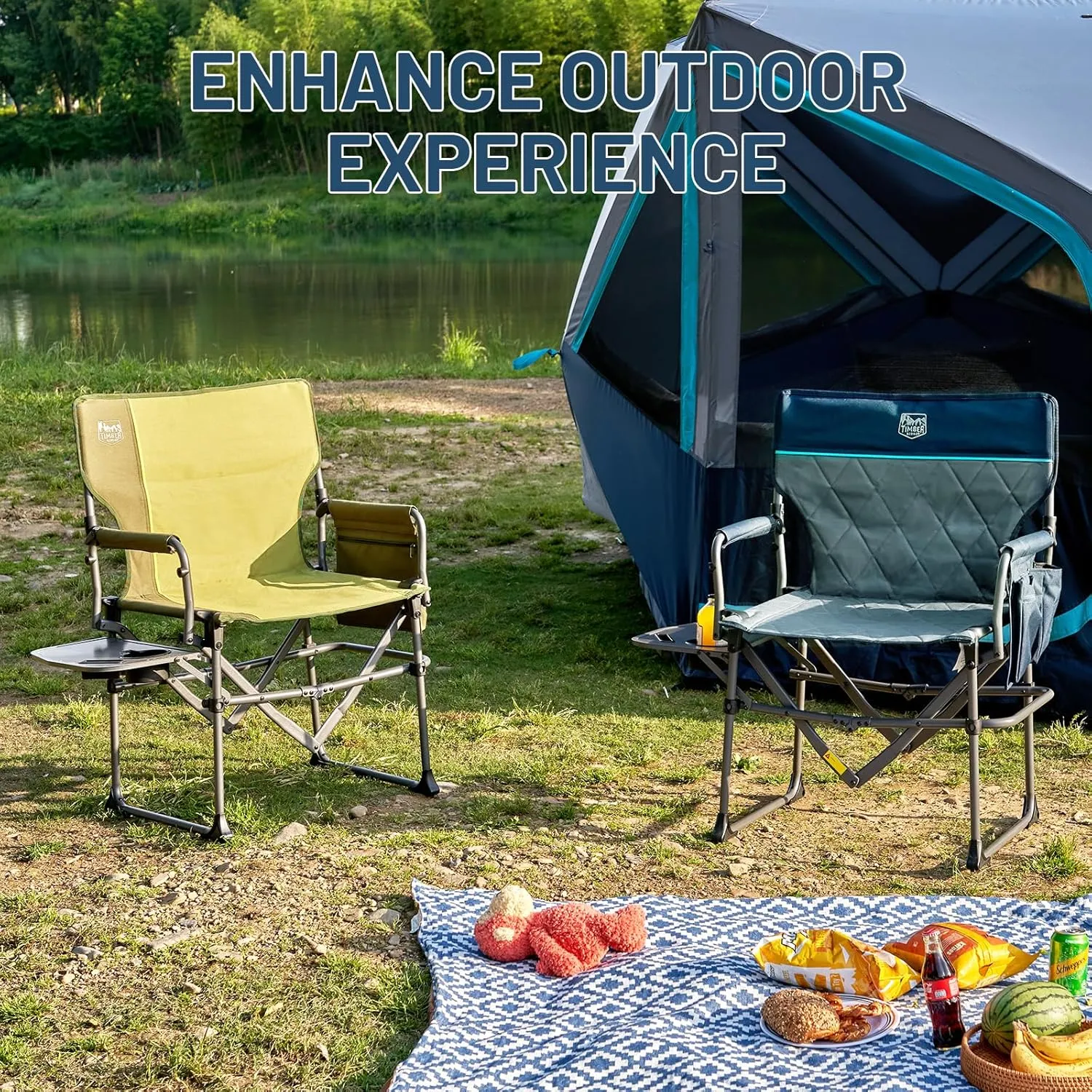 TIMBER RIDGE Heavy Duty Camping Chair with Compact Size, Portable Directors Chair with Side Table and Pocket for Camping, Lawn, Sports and Fishing, Supports Up to 400lbs, Navy
