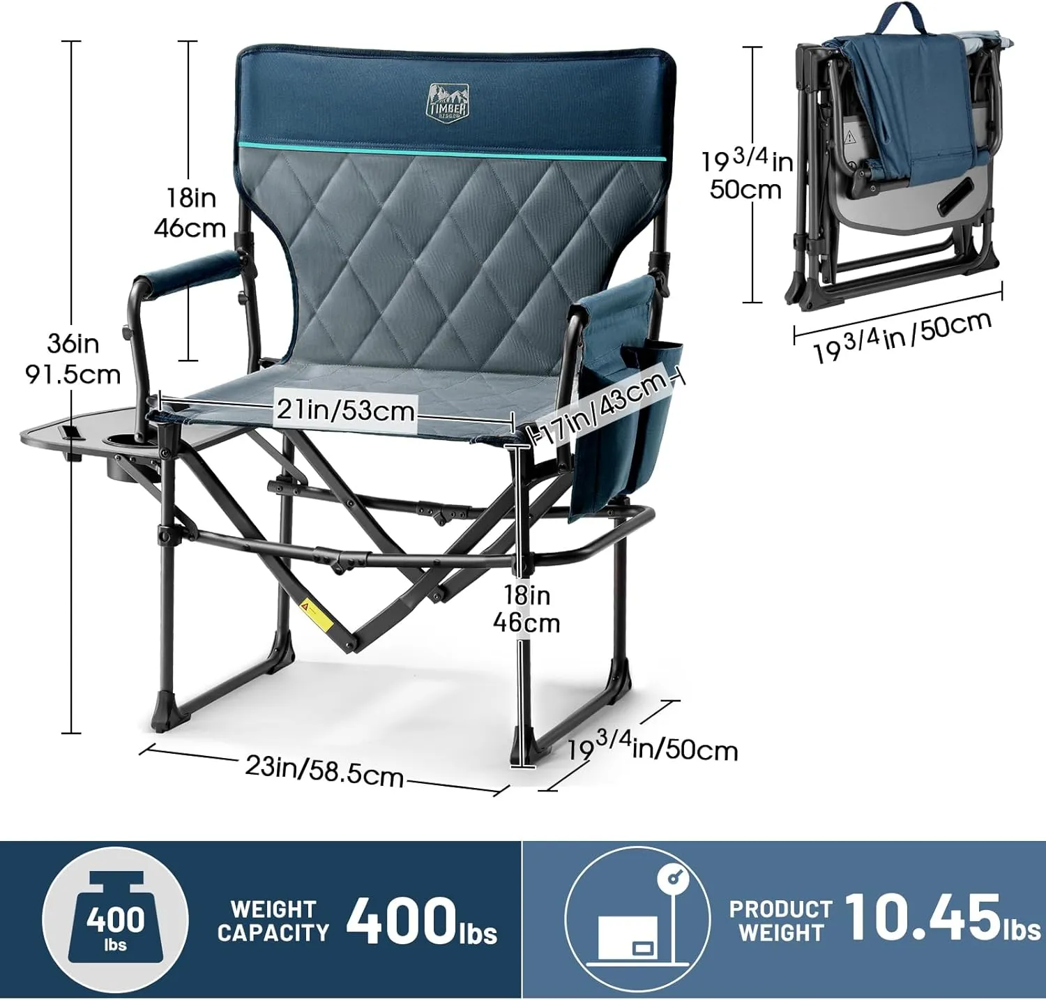 TIMBER RIDGE Heavy Duty Camping Chair with Compact Size, Portable Directors Chair with Side Table and Pocket for Camping, Lawn, Sports and Fishing, Supports Up to 400lbs, Navy