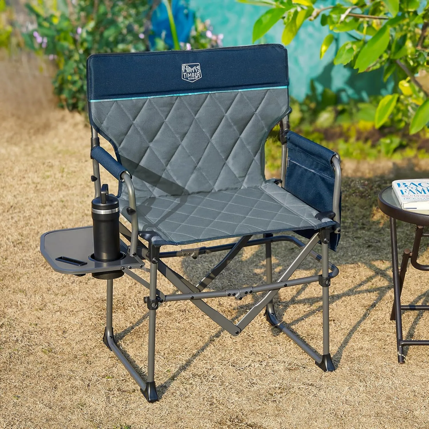 TIMBER RIDGE Heavy Duty Camping Chair with Compact Size, Portable Directors Chair with Side Table and Pocket for Camping, Lawn, Sports and Fishing, Supports Up to 400lbs, Navy