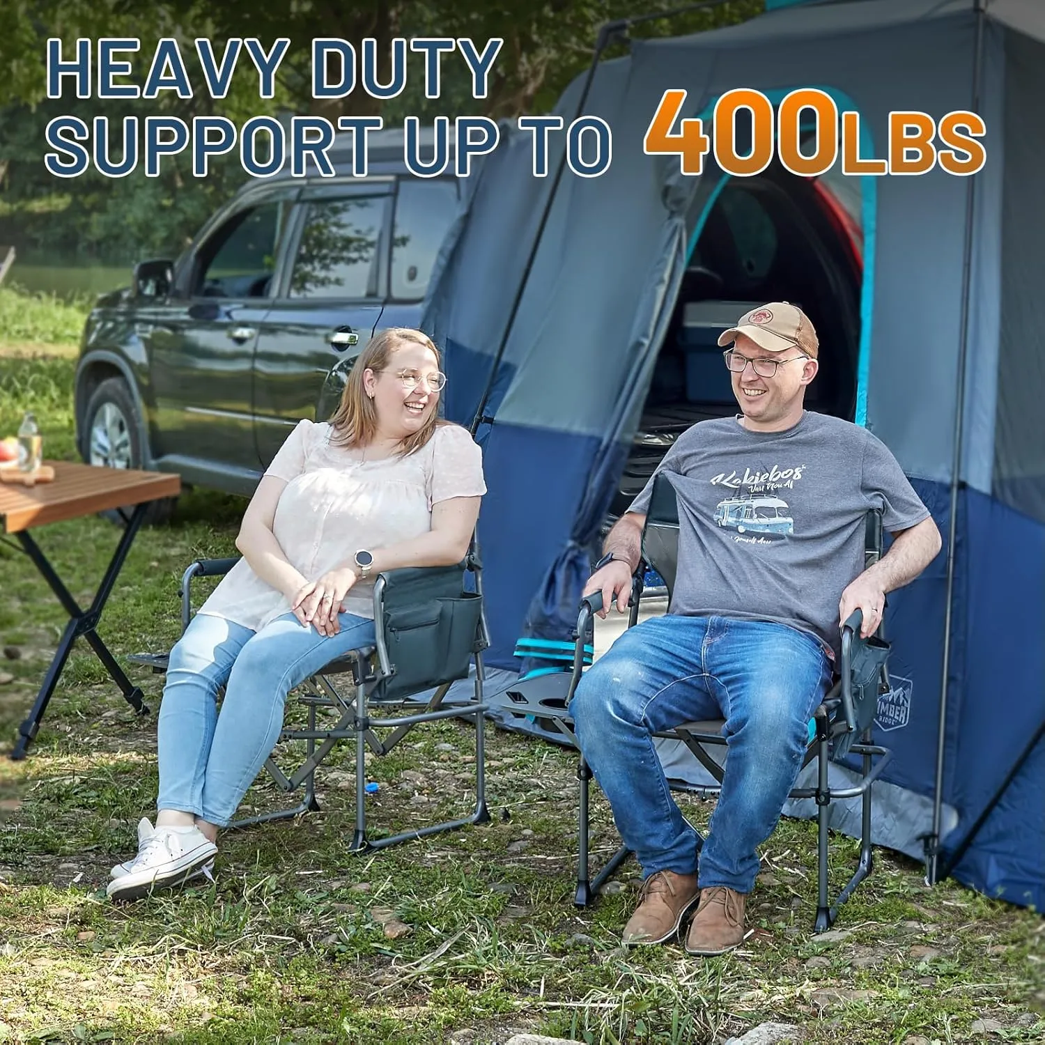 TIMBER RIDGE Heavy Duty Camping Chair with Compact Size, Portable Directors Chair with Side Table and Pocket for Camping, Lawn, Sports and Fishing, Supports Up to 400lbs, Navy