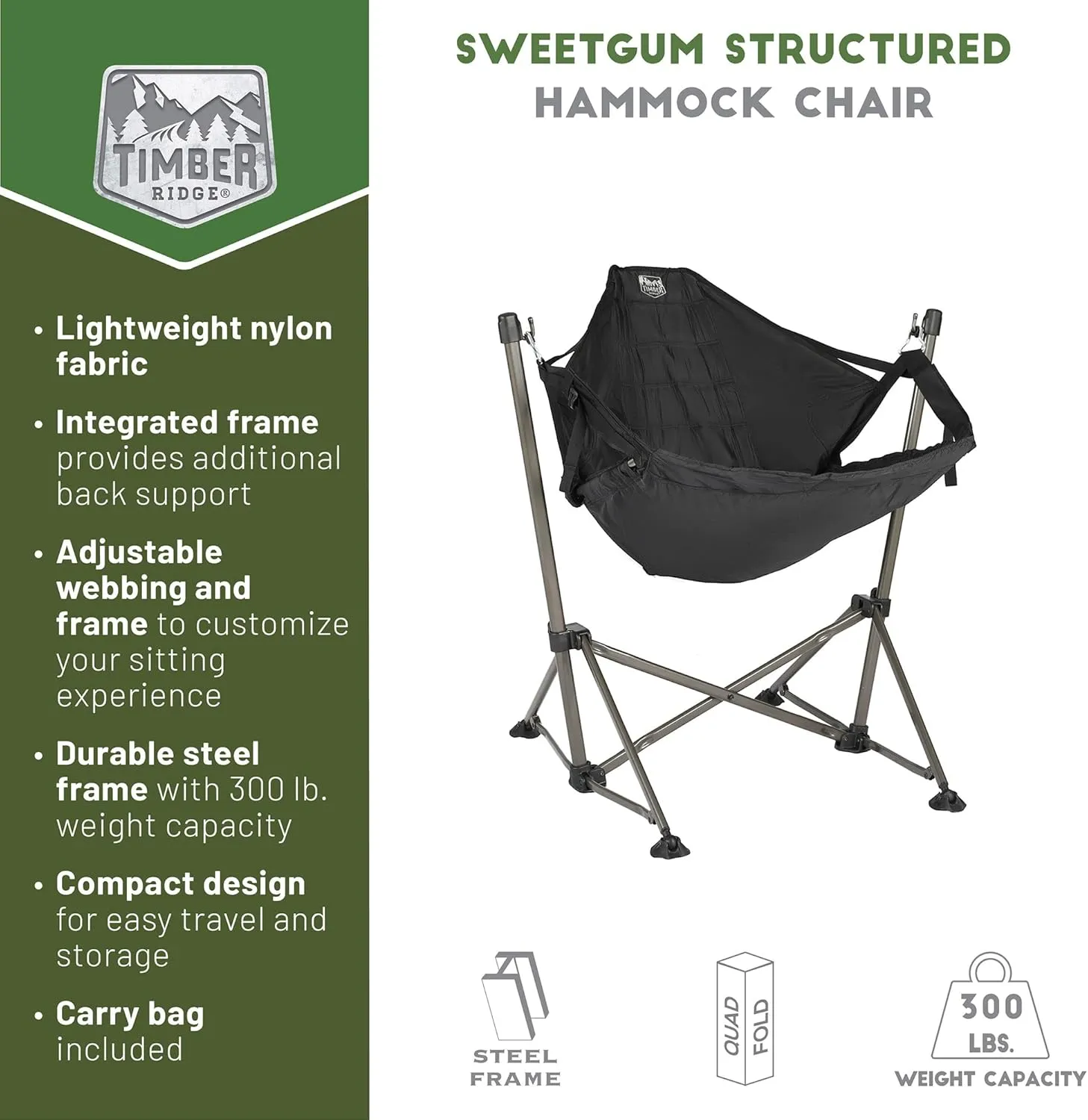 TIMBER RIDGE Portable Hammock Camping Chair, Padded Folding Swing Hammock Chair with Stand, Heavy Duty Hammock Camp Chair with Carry Bag for Outdoor Beach Patio, Supports 300lbs, Black