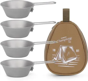 Titanium Camping Bowl 10 oz (4 Pack), Stackable Titanium Bowl with Handle and Storage Bag, Round Rice Bowl, for Picnic, Dinner Party, Suitable for RV Travel, Camping and Backpacking