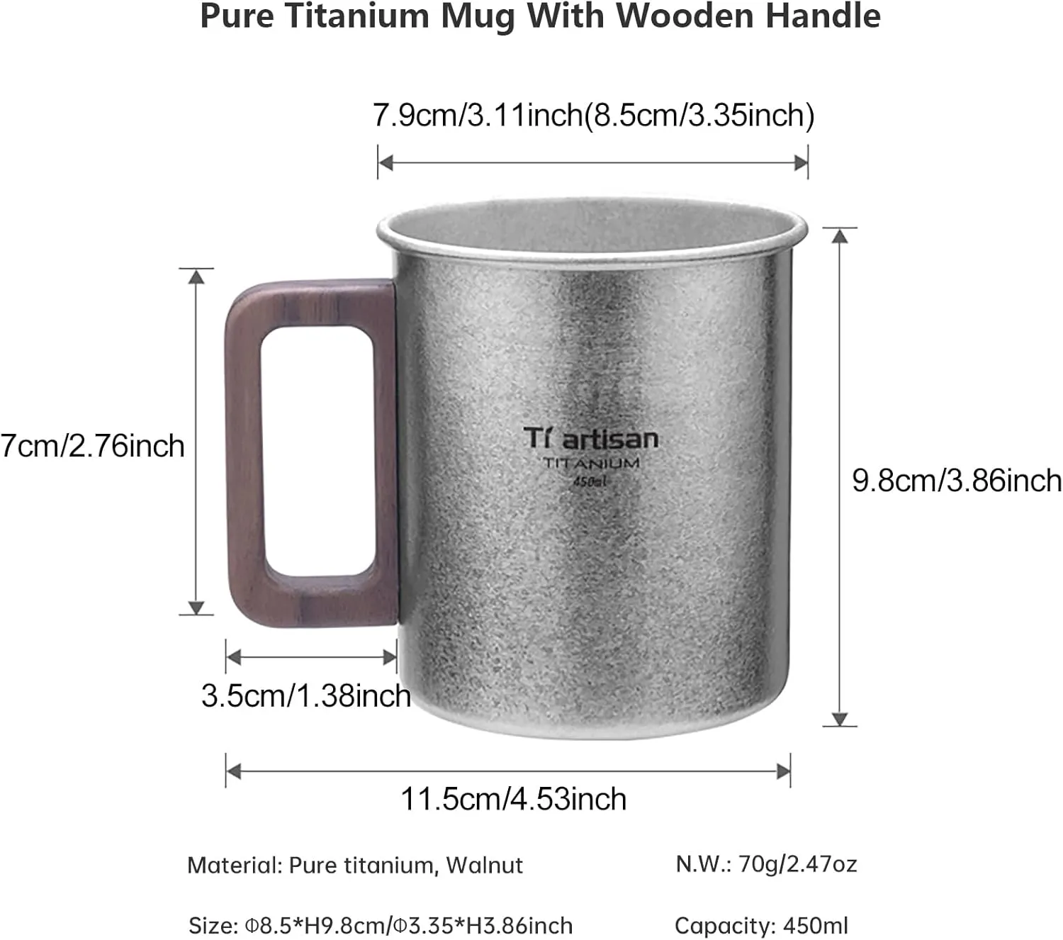 Titanium Cup Camping Mug Portable Cup Ultralight Coffee Mug Sand Blast Portable Anti scald Coffee Cup 300ML/450ML (450ml (15.2fl oz))