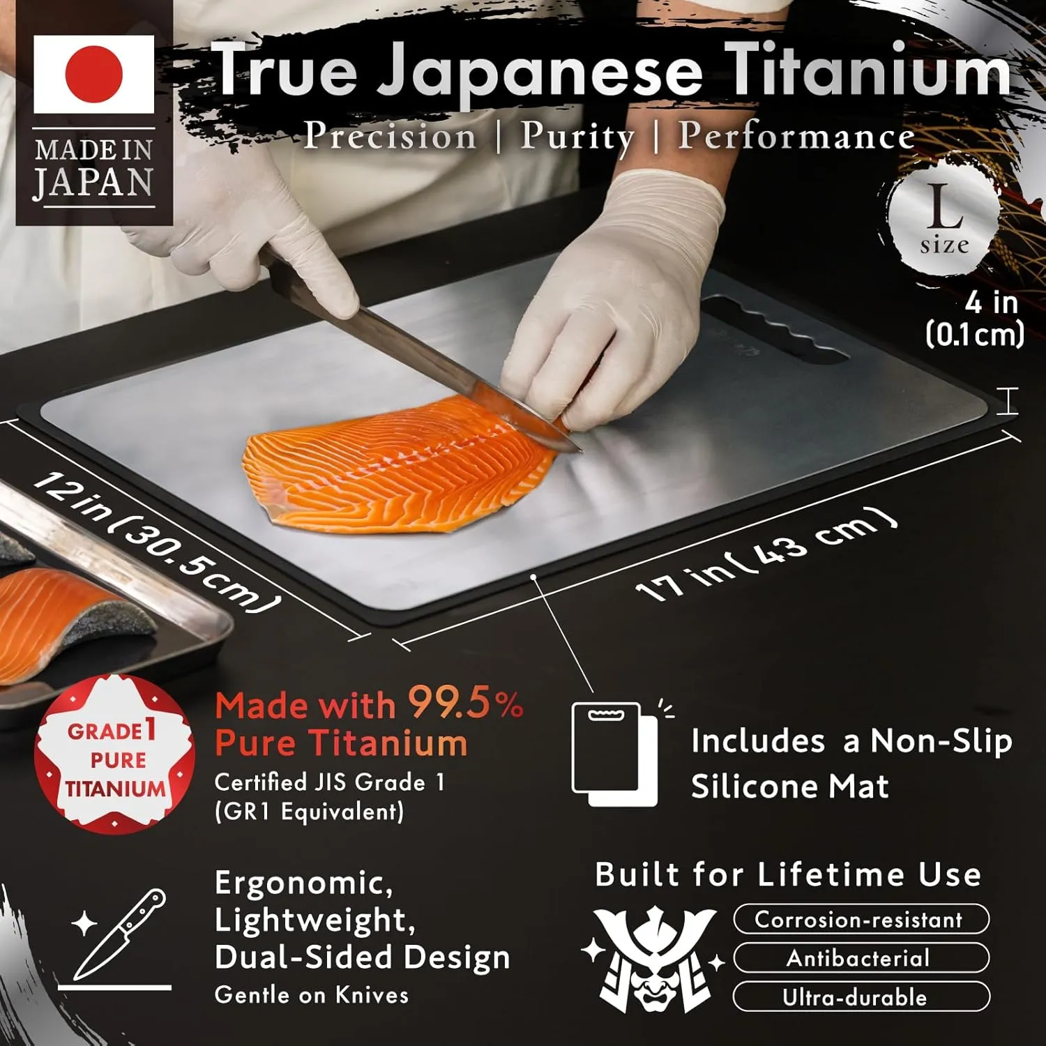 Titanium Cutting Board | 99.5% Pure Japanese Titanium | Non-Toxic | Lightweight & Dishwasher Safe | L Size | Made in Japan | With Non-Slip Mat | For Kitchen & Camping Use