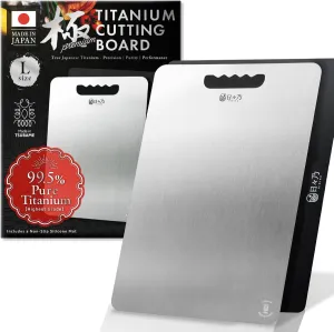Titanium Cutting Board | 99.5% Pure Japanese Titanium | Non-Toxic | Lightweight & Dishwasher Safe | L Size | Made in Japan | With Non-Slip Mat | For Kitchen & Camping Use
