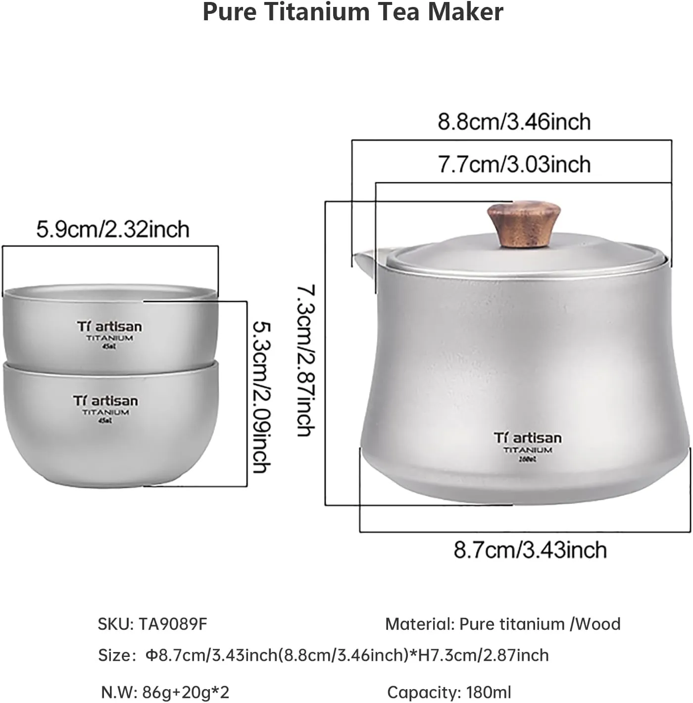 Titanium Tea Set with 2 teacup Teapot and Strainer Dividing Portable Tea Bowl Mug Tea Maker Kung Fu Tea Set for Outdoor Camping Travel Picnic Backpacking Home Office (Sanding)