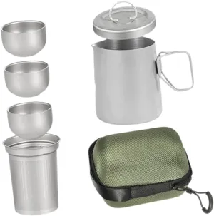 Titanium Tea Set with 3 Teacups Portable with Mesh Cups Travel Teapot Cup for Hiking Home Picnic Camping Traveling, with Handle