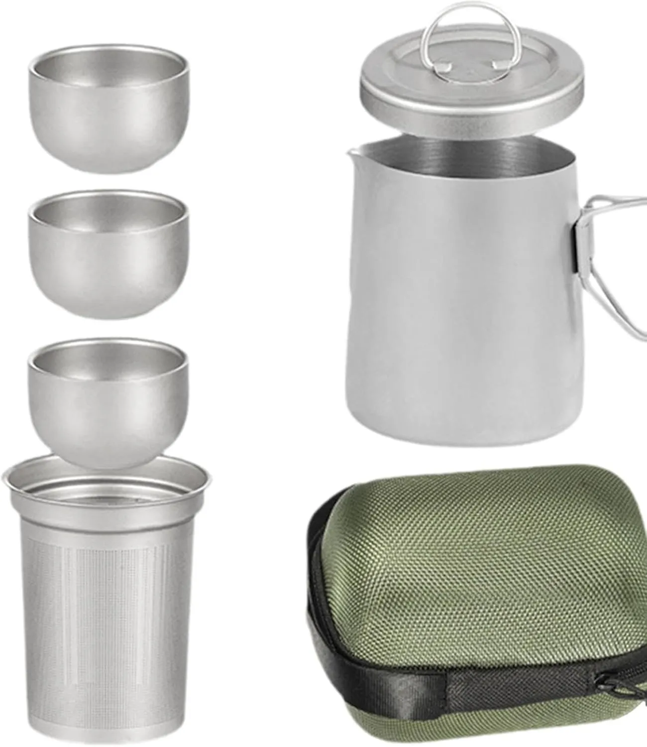 Titanium Tea Set with 3 Teacups Portable with Mesh Cups Travel Teapot Cup for Hiking Home Picnic Camping Traveling, with Handle