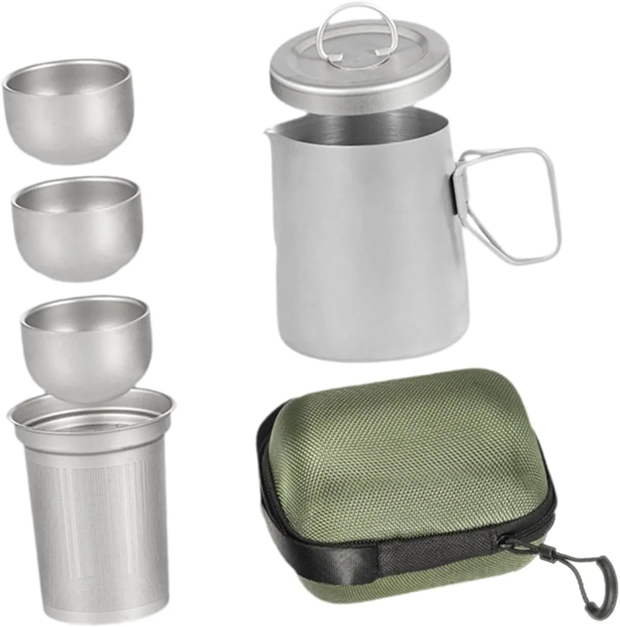Titanium Tea Set with 3 Teacups Portable with Mesh Cups Travel Teapot Cup for Hiking Home Picnic Camping Traveling, with Handle