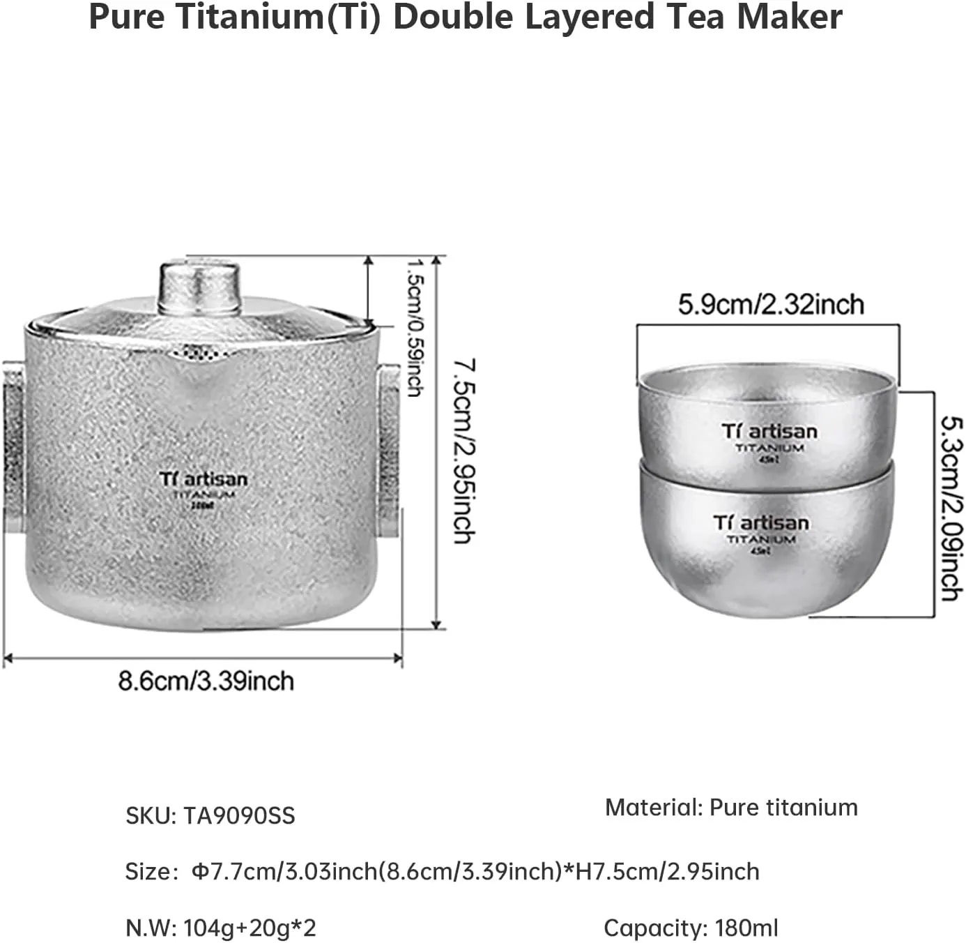 Titanium Tea Set with Strainer Dividing and 2 teacup Teapot Portable Tea Bowl Mug for Outdoor Camping Travel Picnic Backpacking Home Office (Ice Flowers)