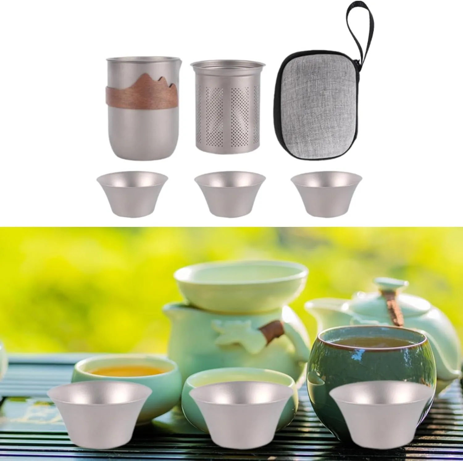 Titanium Teapot Travel Teapot with 3Cups Reusable Coffee Mug Chinese Tea Set Portable Dividing Cup for Outdoor Offices Camping, Style B