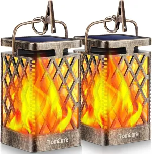 TomCare Solar Lights Outdoor Flickering Flame Solar Lantern Outdoor Hanging Lanterns Decorative Outdoor Lighting Solar Powered Waterproof LED Flame Lights for Patio Garden Deck, 2 Pack(Bronze)