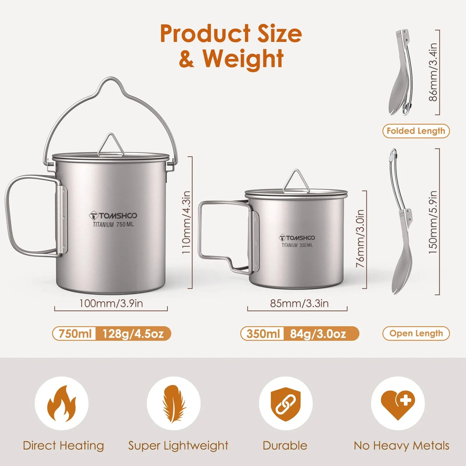 TOMSHOO 750ml Titanium Camping Pot & Mug