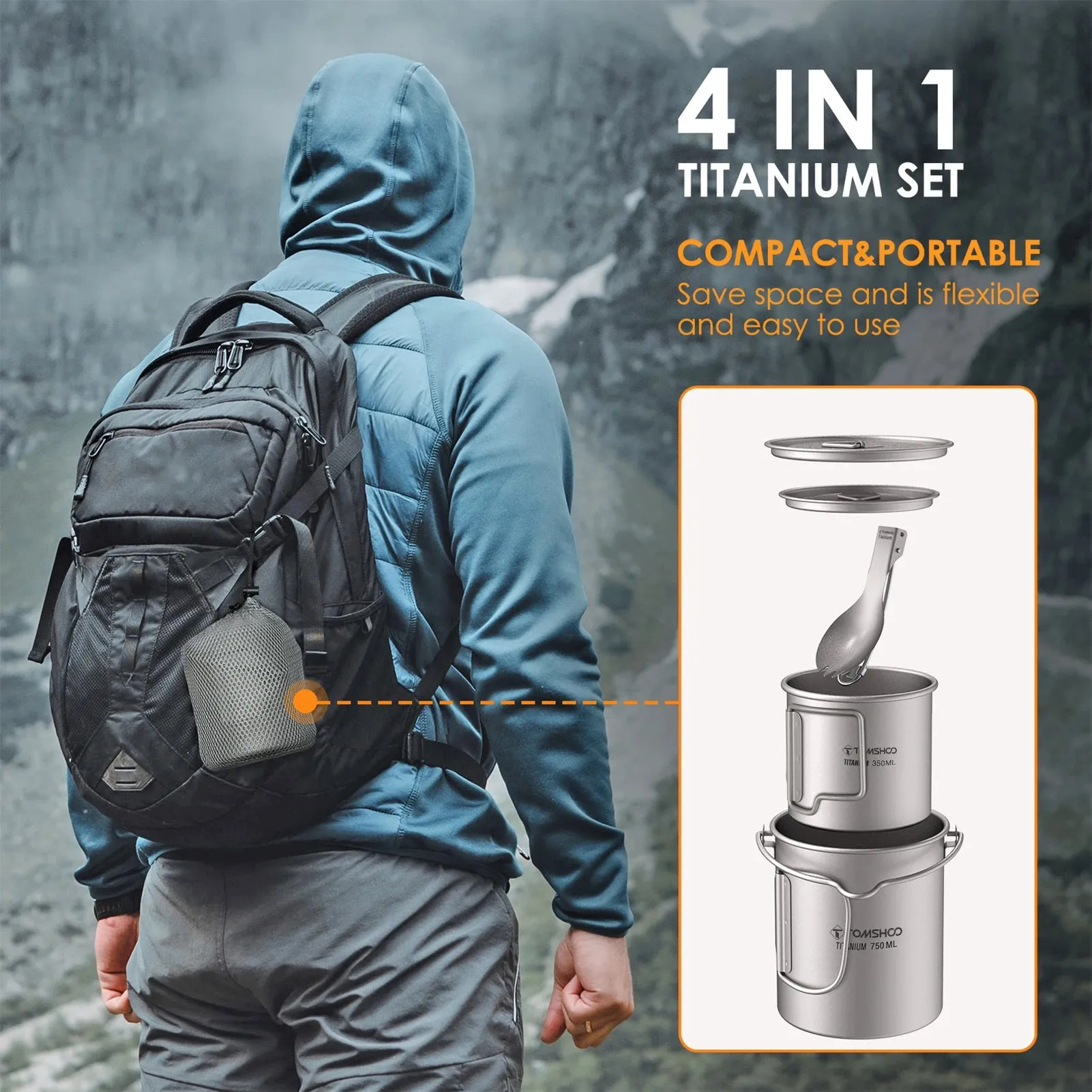 TOMSHOO 750ml Titanium Camping Pot & Mug