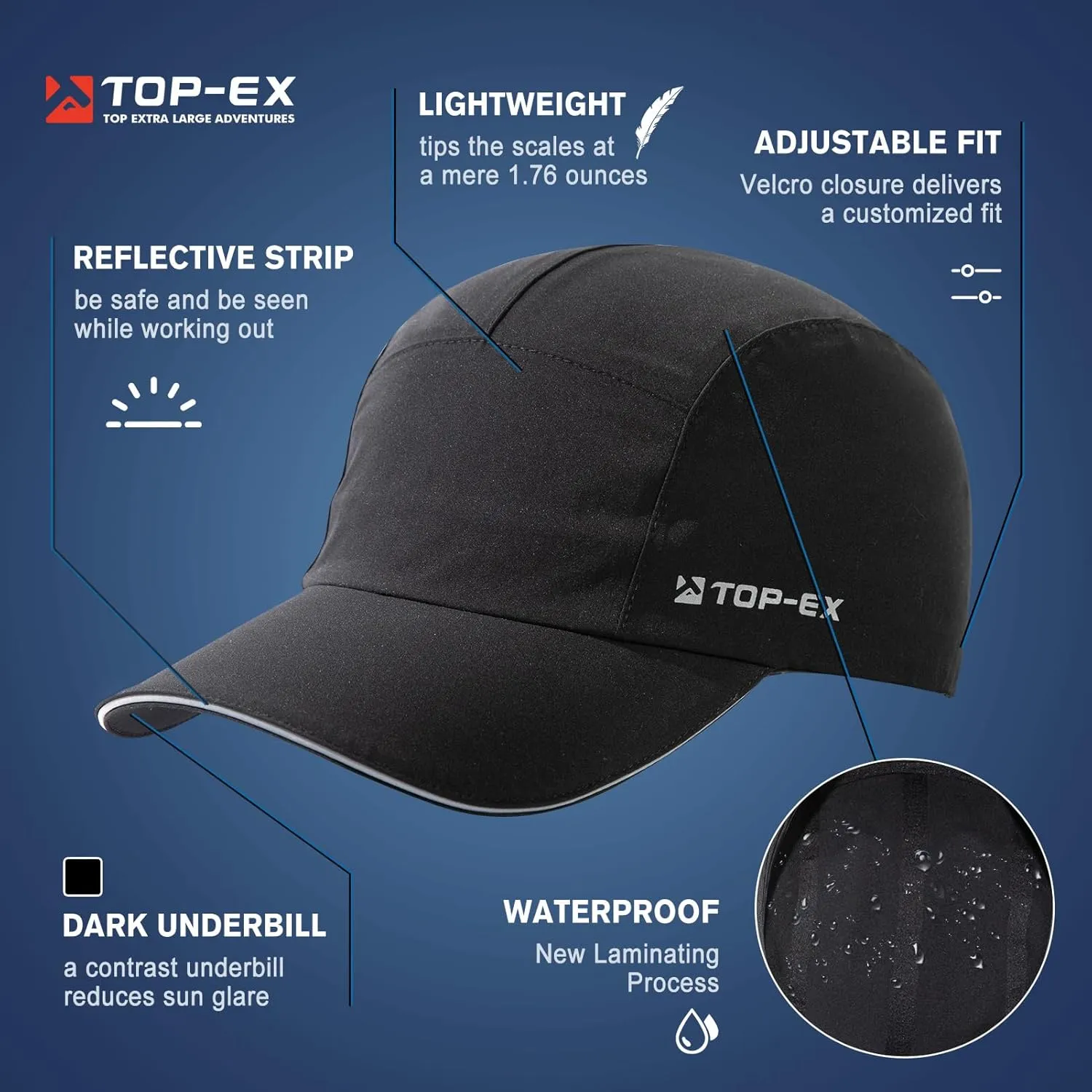 TOP-EX L/XL/XXL 5-Panel Water-Resistant Baseball Performance Cap Running Golf