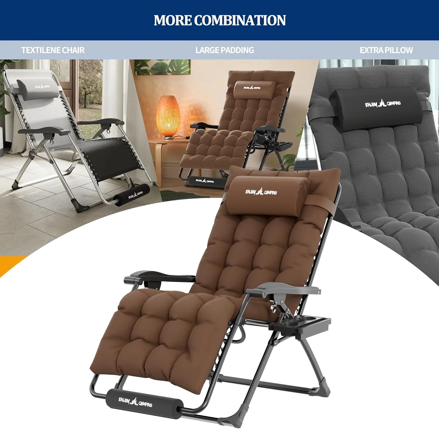 UDPATIO Oversized Zero Gravity Chair 29In XL Patio Reclining Chair with Cushion, Outdoor Folding Recliner with Pillows|Cup Holder|Foot Rest|Padded Headrest, Brown, Support 500LB