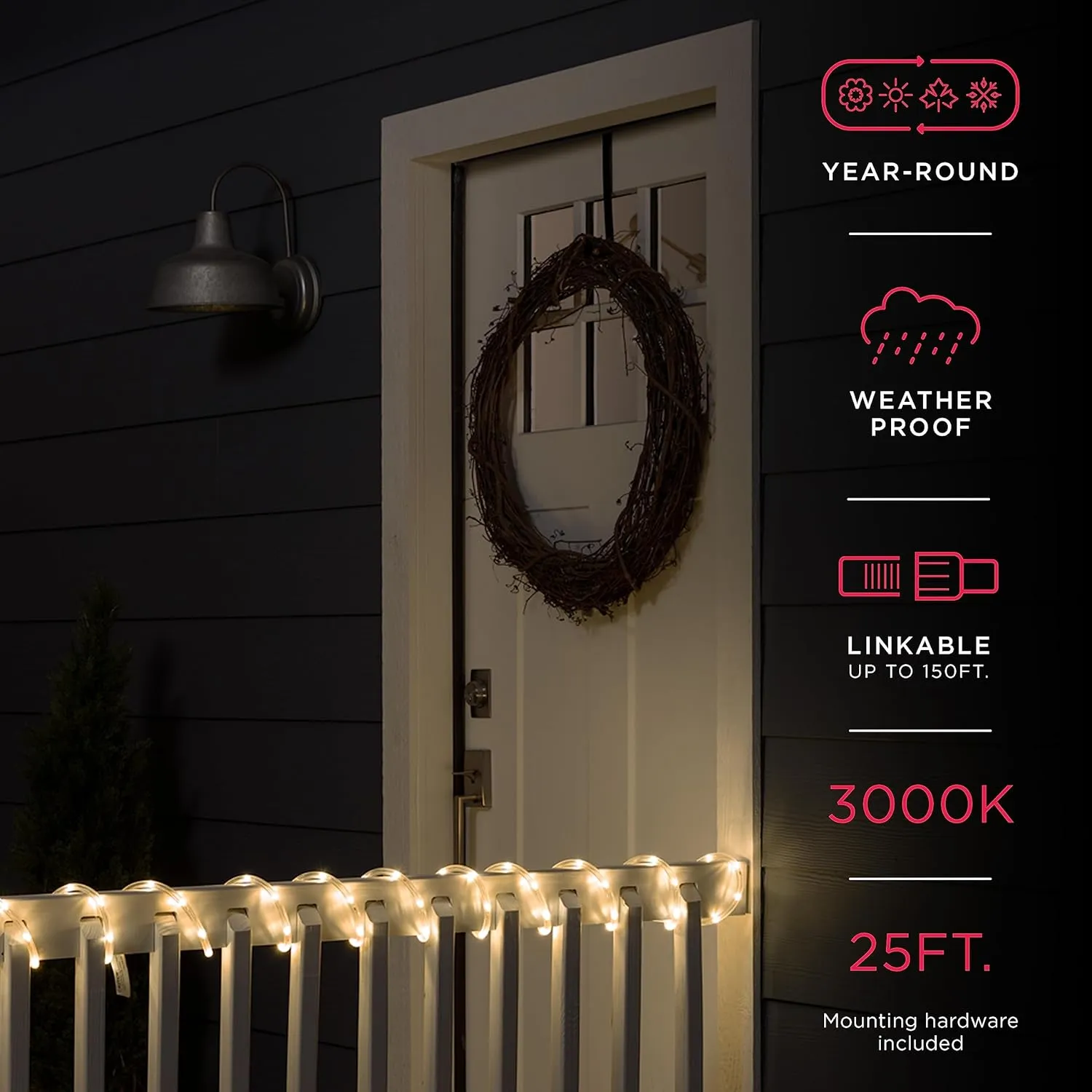 UltraPro LED Rope Lights, 25ft Classic Clear Rope, Warm White Light 3000K, Indoor/Outdoor, Flexible, Linkable, Durable, Rope Lights Outdoor, 54504