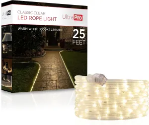 UltraPro LED Rope Lights, 25ft Classic Clear Rope, Warm White Light 3000K, Indoor/Outdoor, Flexible, Linkable, Durable, Rope Lights Outdoor, 54504