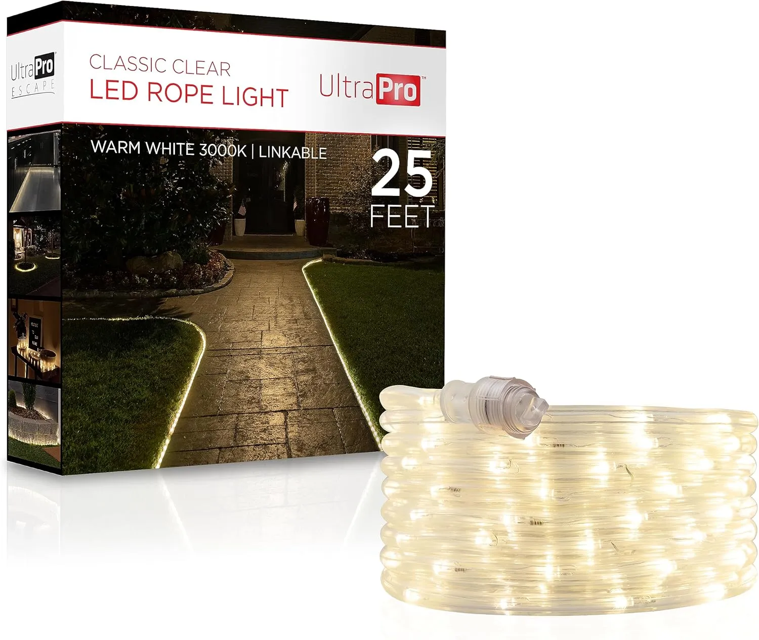 UltraPro LED Rope Lights, 25ft Classic Clear Rope, Warm White Light 3000K, Indoor/Outdoor, Flexible, Linkable, Durable, Rope Lights Outdoor, 54504