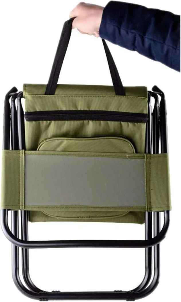 UNISTRENGH Outdoor Folding Fishing Chair Portable Camping Stool Foldable Chair with Double Layer Oxford Fabric Cooler Bag for Fishing Beach (Military Green)