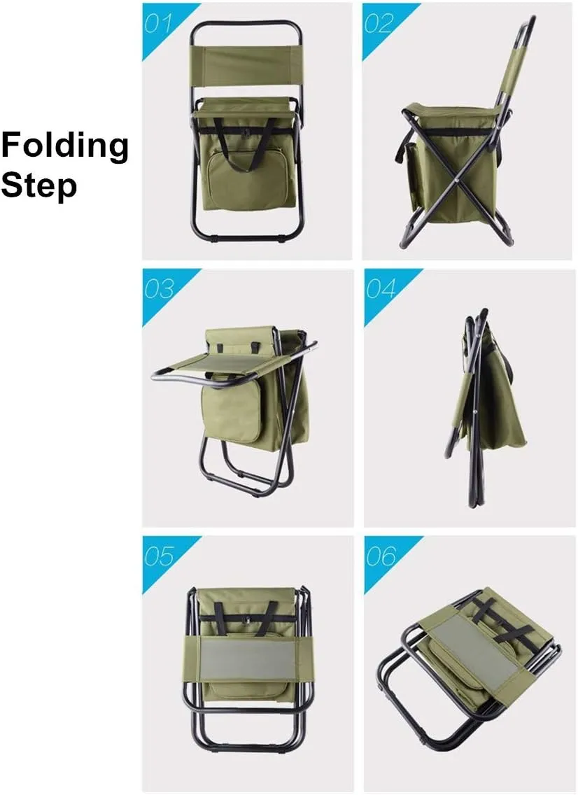 UNISTRENGH Outdoor Folding Fishing Chair Portable Camping Stool Foldable Chair with Double Layer Oxford Fabric Cooler Bag for Fishing Beach (Military Green)