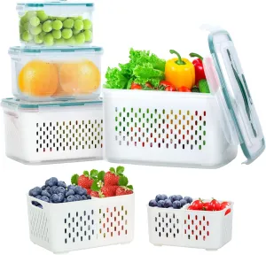 Upgraded Fresh Produce Vegetable Fruit Storage Containers,Large Fruit Containers for Fridge with Lid Vent Handle and Colander ,Keep Berry Fruit Vegetable Food Meat Fresh Longer (4)