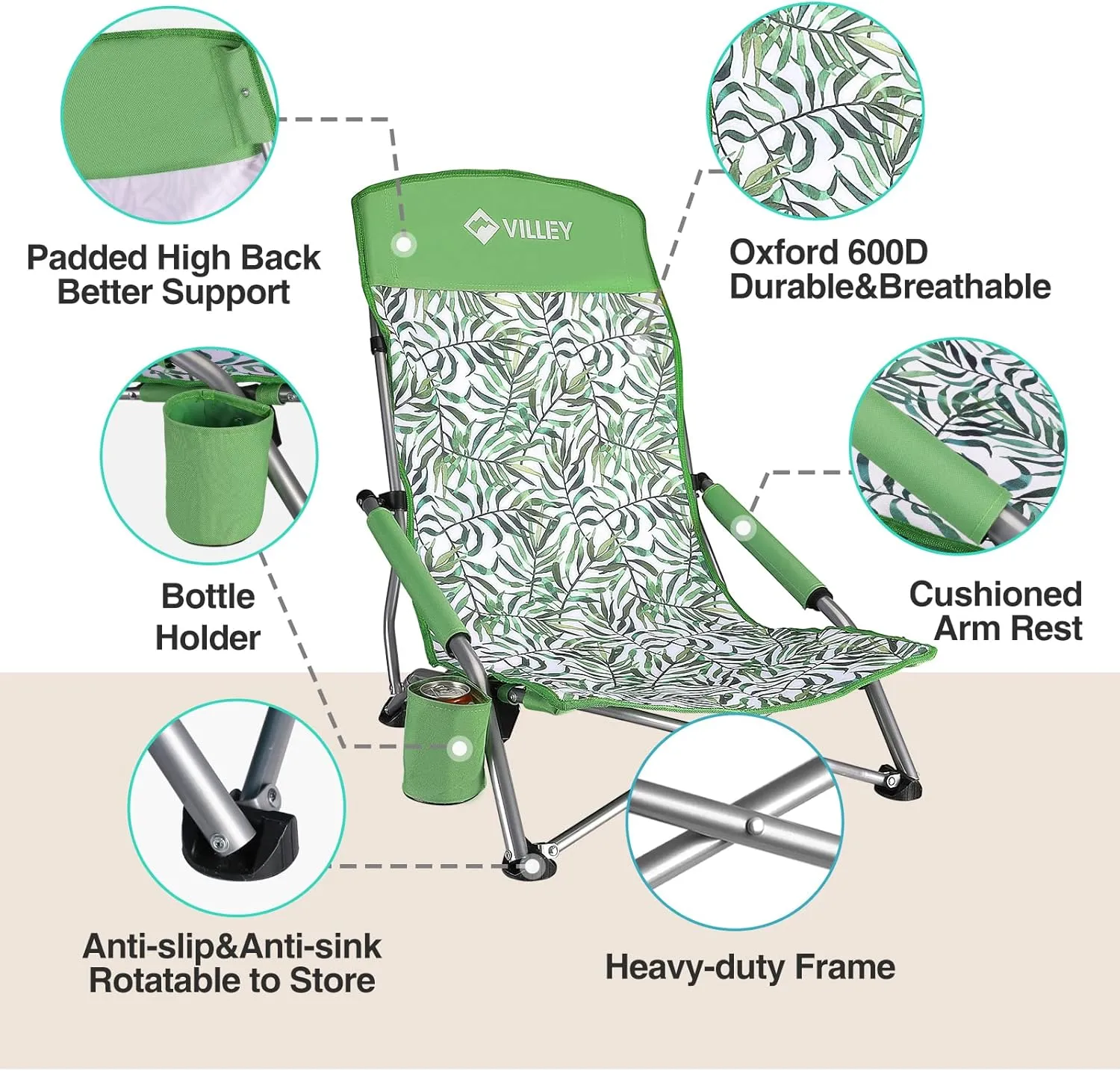 VILLEY Low Beach Chair, High Back Folding Beach Chair for Adults, Lightweight and Portable for Outdoor, Beach, Camping, Lawn, Music Festival, with Cup Holder and Carry Bag-Green Tropical Leaves