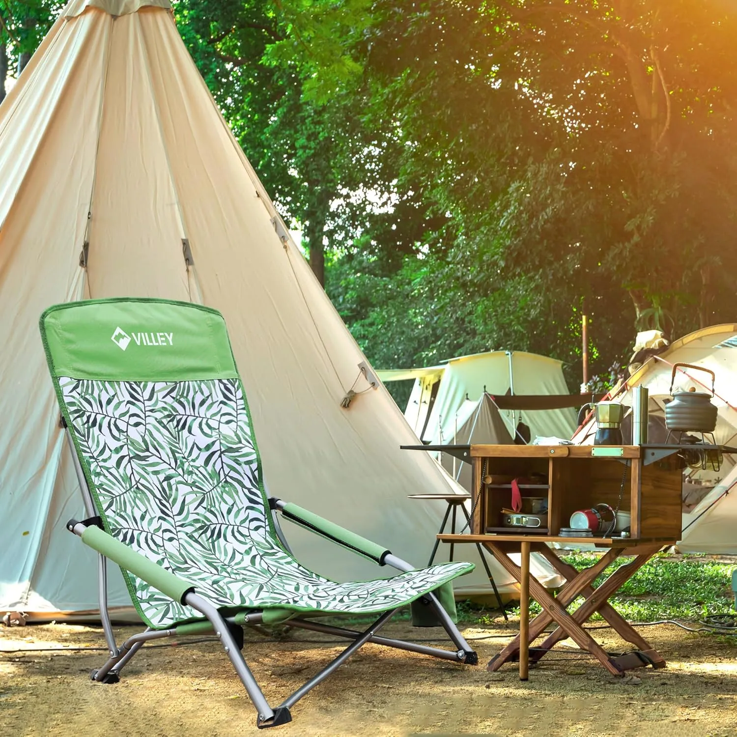 VILLEY Low Beach Chair, High Back Folding Beach Chair for Adults, Lightweight and Portable for Outdoor, Beach, Camping, Lawn, Music Festival, with Cup Holder and Carry Bag-Green Tropical Leaves