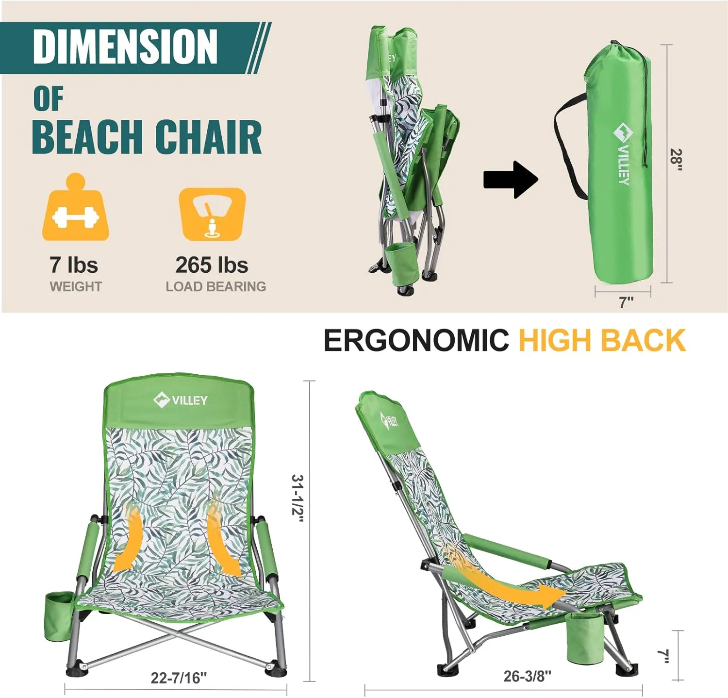 VILLEY Low Beach Chair, High Back Folding Beach Chair for Adults, Lightweight and Portable for Outdoor, Beach, Camping, Lawn, Music Festival, with Cup Holder and Carry Bag-Green Tropical Leaves