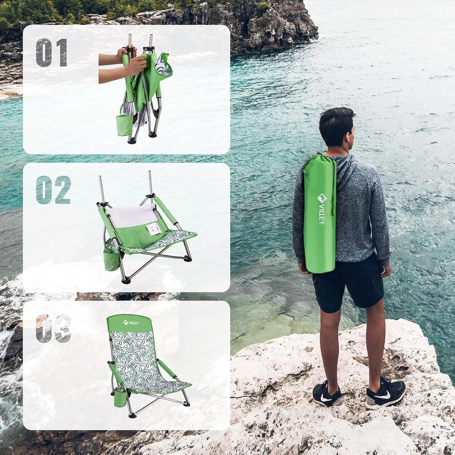 VILLEY Low Beach Chair, High Back Folding Beach Chair for Adults, Lightweight and Portable for Outdoor, Beach, Camping, Lawn, Music Festival, with Cup Holder and Carry Bag-Green Tropical Leaves