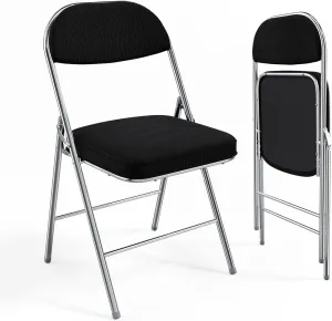 VINGLI Folding Chairs with Padded Seat & Backrest, Metal Frame, Durable Corduroy Fabric, 350 lbs Capacity, Set of 2, Black – Ideal for Weddings, Parties, Office Events