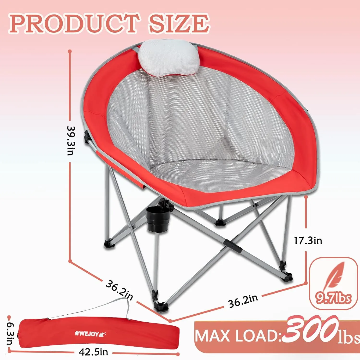 #WEJOY Folding Camping Chair Oversized Moon Chairs for Adult, Breathable Mesh Chairs with Headrest and Cup Holder Support Up to 300lbs