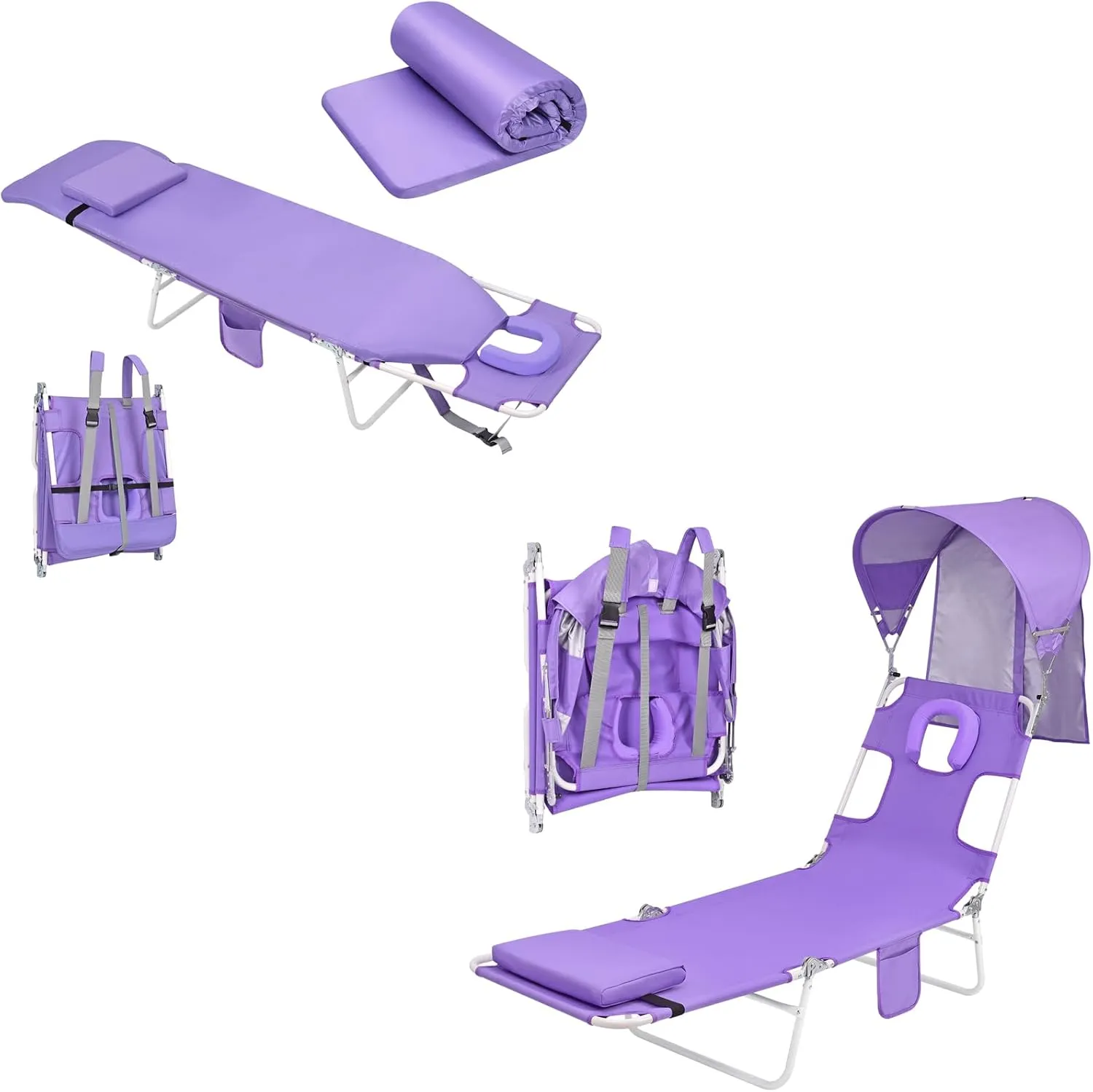 Women Comfort Backpack Tanning Beach Chair with Face Hole & Cushion   Beach Chair with Canopy Sun Shade