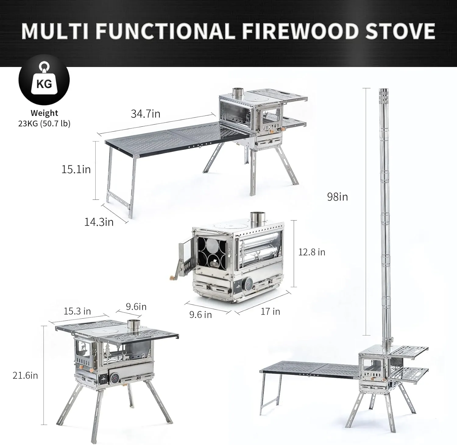 Wood Stove Wood Burning Stove Hot Tent Stove, Stainless Steel Portable Camping Stove with Oven & Camping Table and 6 Chimney Pipe for Outdoor, Camping, Cooking, Tents, Car Travel