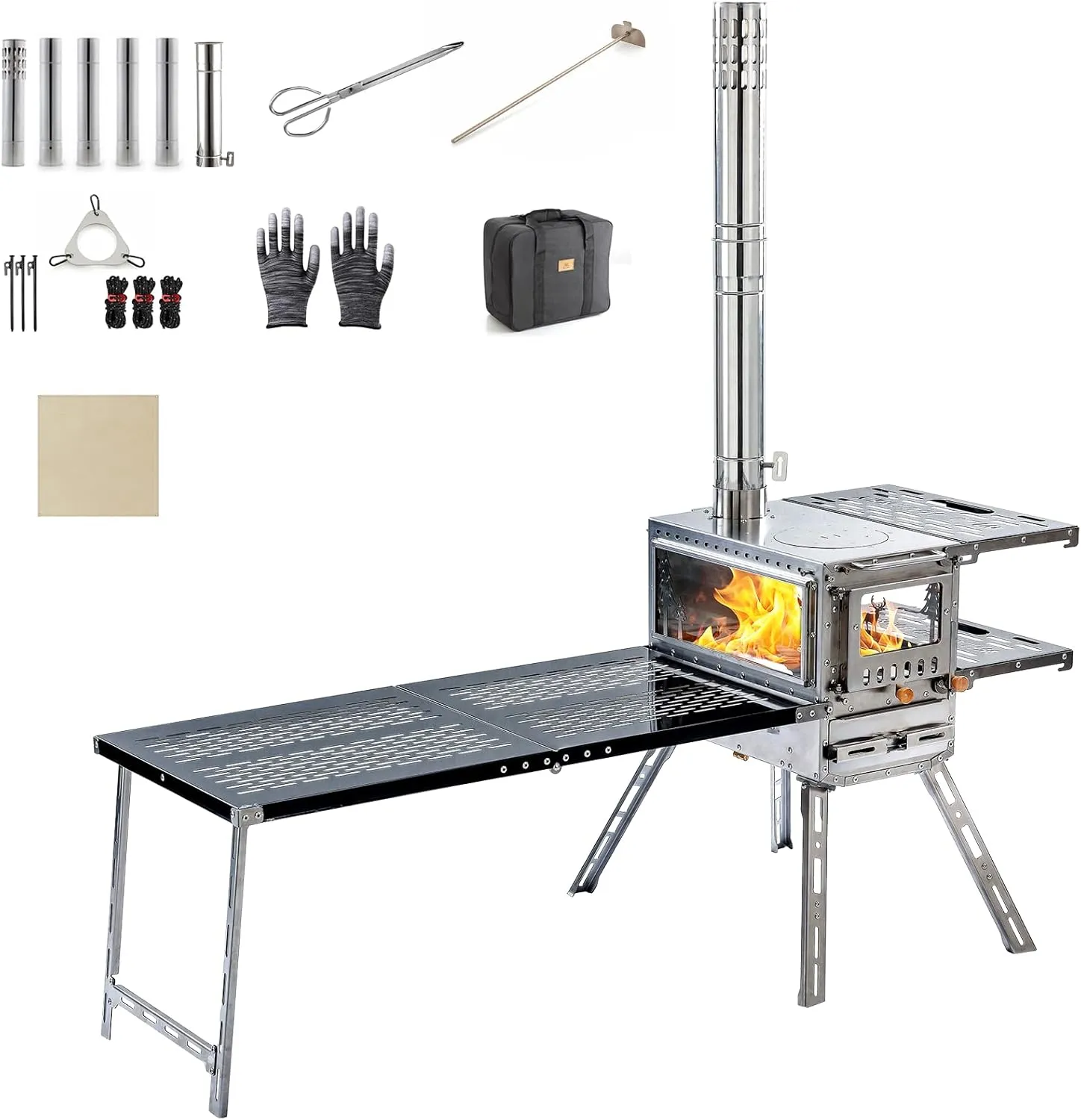 Wood Stove Wood Burning Stove Hot Tent Stove, Stainless Steel Portable Camping Stove with Oven & Camping Table and 6 Chimney Pipe for Outdoor, Camping, Cooking, Tents, Car Travel