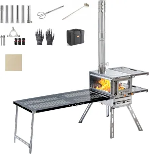 Wood Stove Wood Burning Stove Hot Tent Stove, Stainless Steel Portable Camping Stove with Oven & Camping Table and 6 Chimney Pipe for Outdoor, Camping, Cooking, Tents, Car Travel