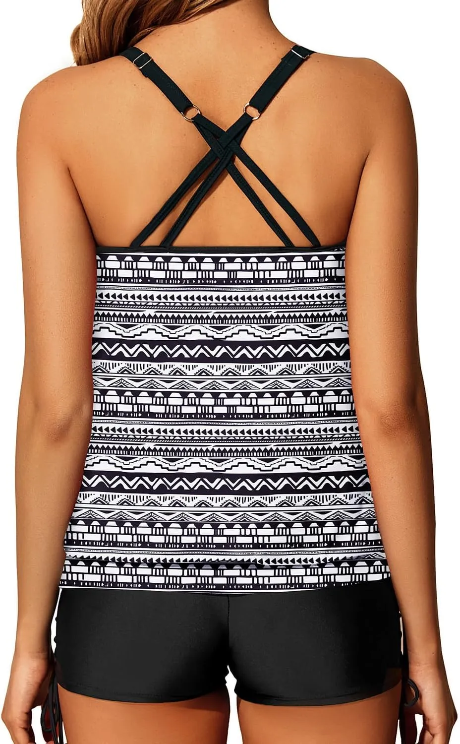 Yonique Womens Blouson Tankini Swimsuits Two Piece Strappy Bathing Suit Tops with Shorts Criss Cross Swimwear