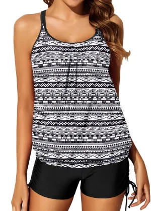 Yonique Womens Blouson Tankini Swimsuits Two Piece Strappy Bathing Suit Tops with Shorts Criss Cross Swimwear