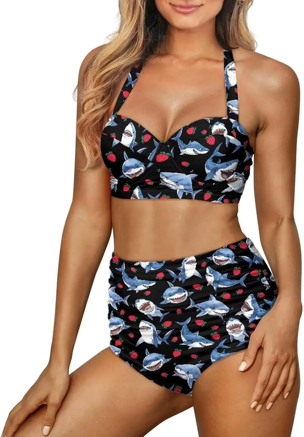 Yuuxorilu Women Two Piece High Waist Bikini Set Halter Ruched High Waist Bikini with Bottom