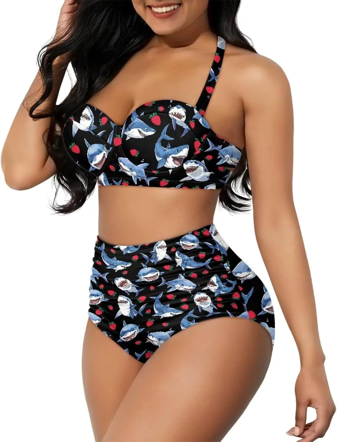 Yuuxorilu Women Two Piece High Waist Bikini Set Halter Ruched High Waist Bikini with Bottom