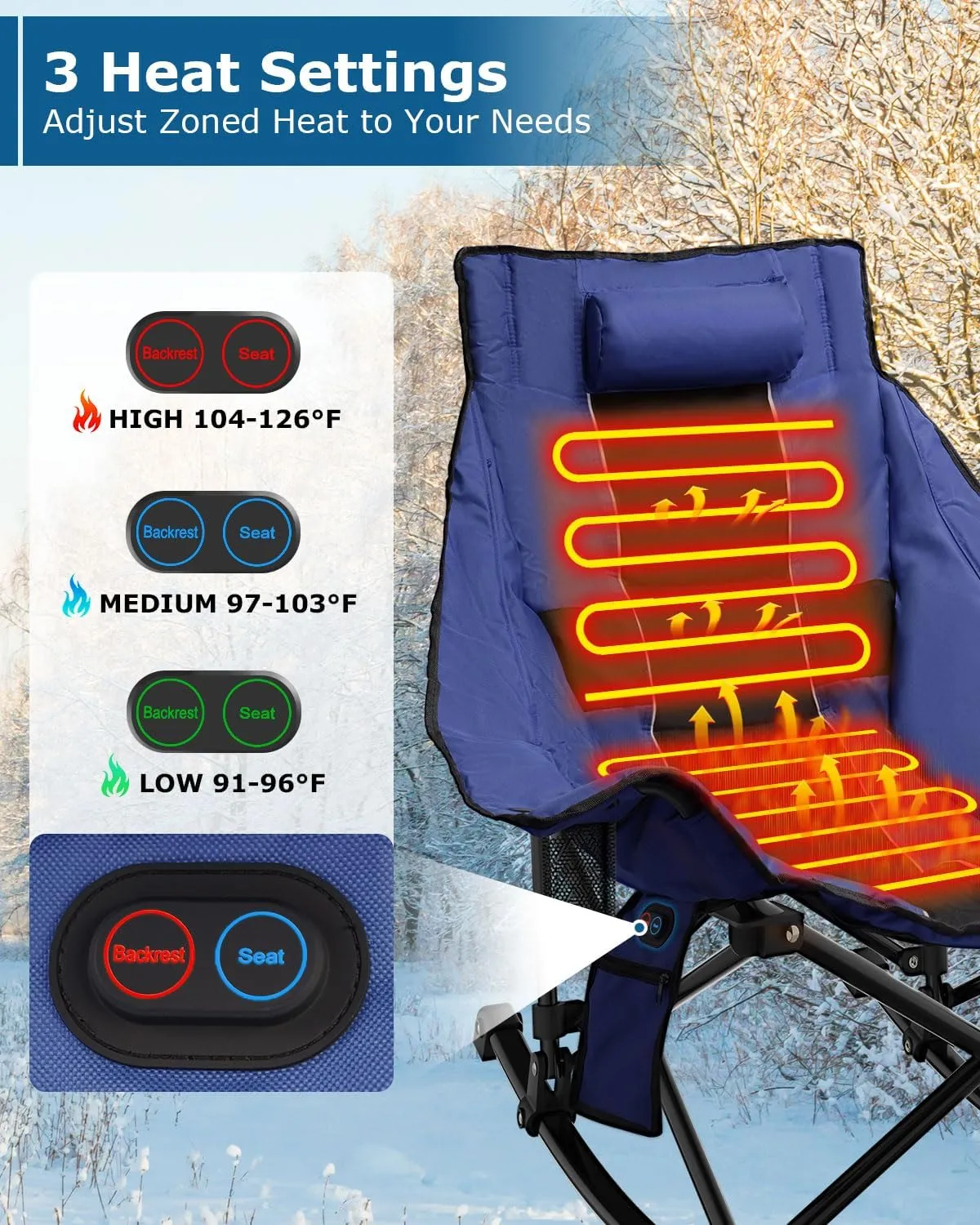 ZENPETIO Heated Camping Chair, Oversized Outdoor Rocking Chair with 3 Heat Levels, Portable Folding Heated Chair for Camp, Lawn, Sports, Winter Use (Battery NOT Included)