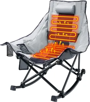 ZENPETIO Heated Camping Chair, Oversized Outdoor Rocking Chair with 3 Heat Levels, Portable Folding Heated Chair for Camp, Lawn, Sports, Winter Use (Battery NOT Included)