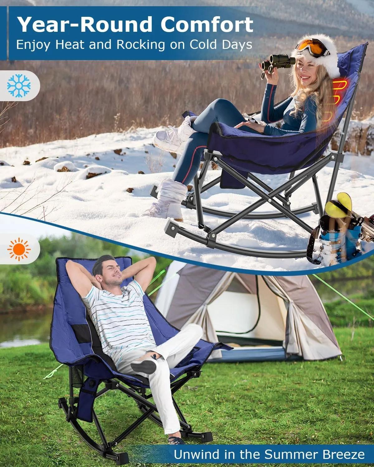 ZENPETIO Heated Camping Chair, Oversized Outdoor Rocking Chair with 3 Heat Levels, Portable Folding Heated Chair for Camp, Lawn, Sports, Winter Use (Battery NOT Included)