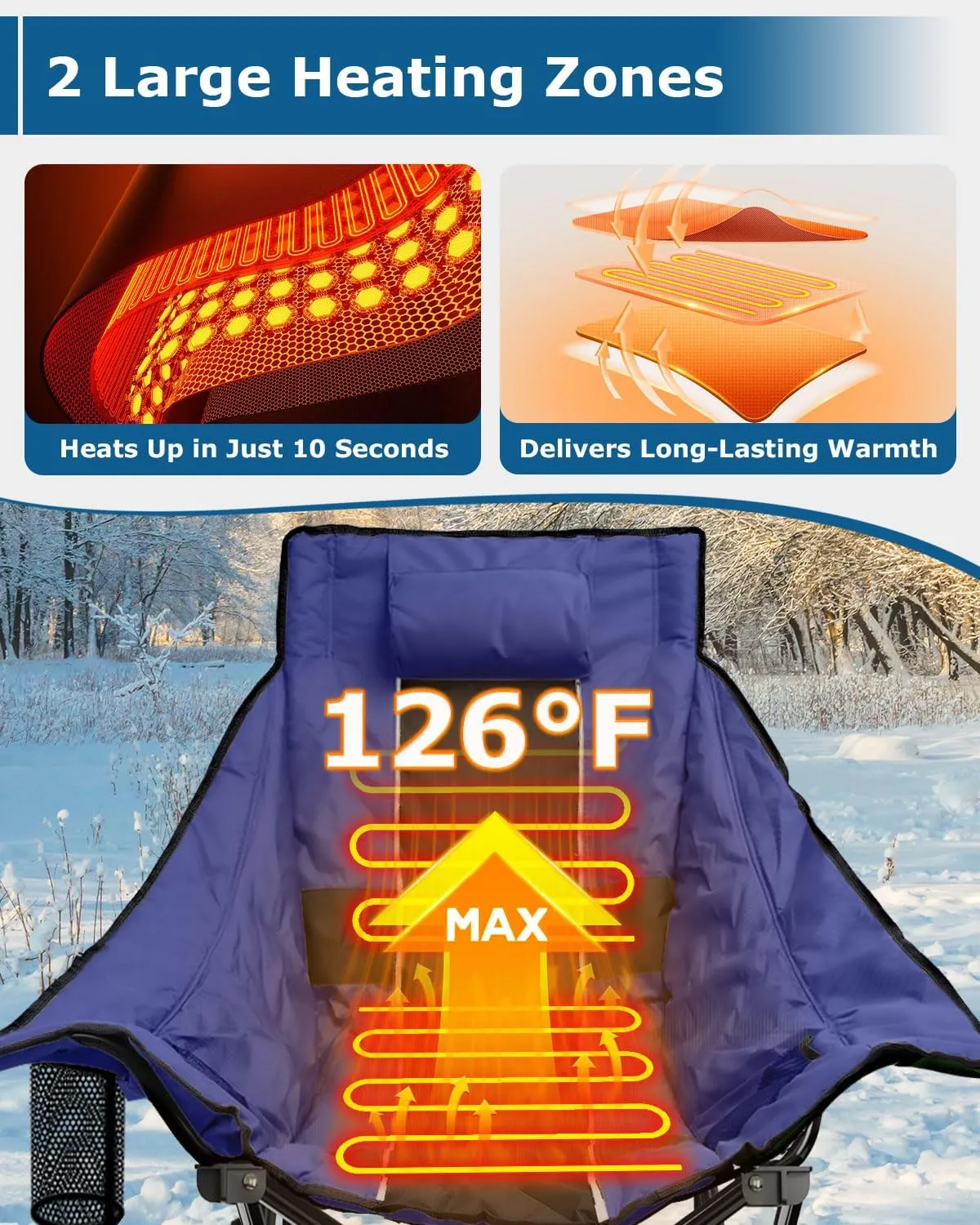 ZENPETIO Heated Camping Chair, Oversized Outdoor Rocking Chair with 3 Heat Levels, Portable Folding Heated Chair for Camp, Lawn, Sports, Winter Use (Battery NOT Included)