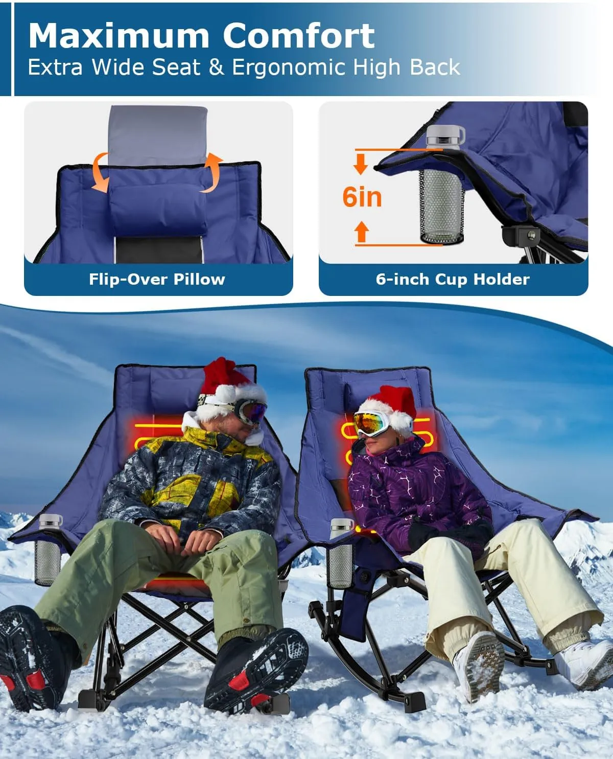 ZENPETIO Heated Camping Chair, Oversized Outdoor Rocking Chair with 3 Heat Levels, Portable Folding Heated Chair for Camp, Lawn, Sports, Winter Use (Battery NOT Included)