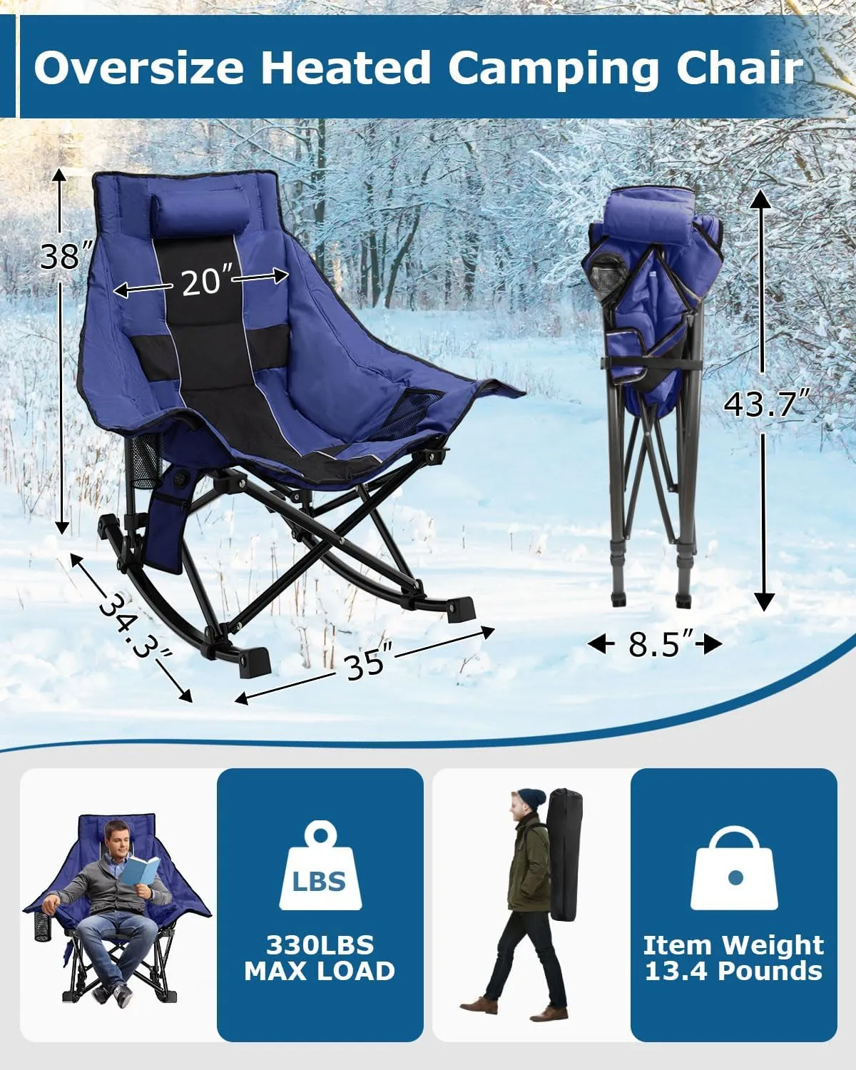 ZENPETIO Heated Camping Chair, Oversized Outdoor Rocking Chair with 3 Heat Levels, Portable Folding Heated Chair for Camp, Lawn, Sports, Winter Use (Battery NOT Included)